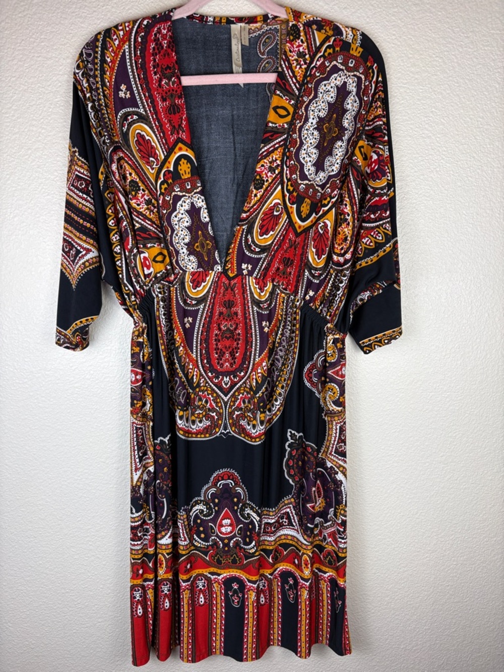 Cristinalove Boho Paisley V-Neck Midi Dress Black Red Mustard Size 2X